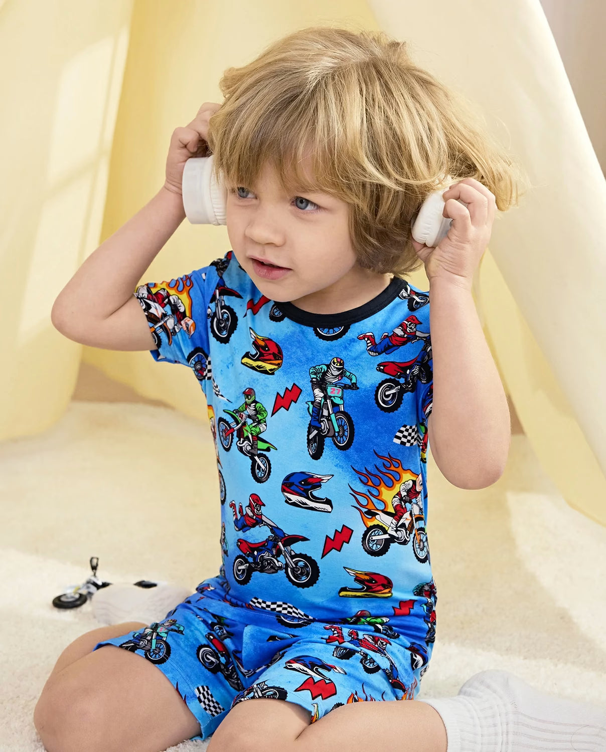 Moto Rider Short Two-Piece Pajama Set, moto rider bamboo short two piece pjs lifestyle 04