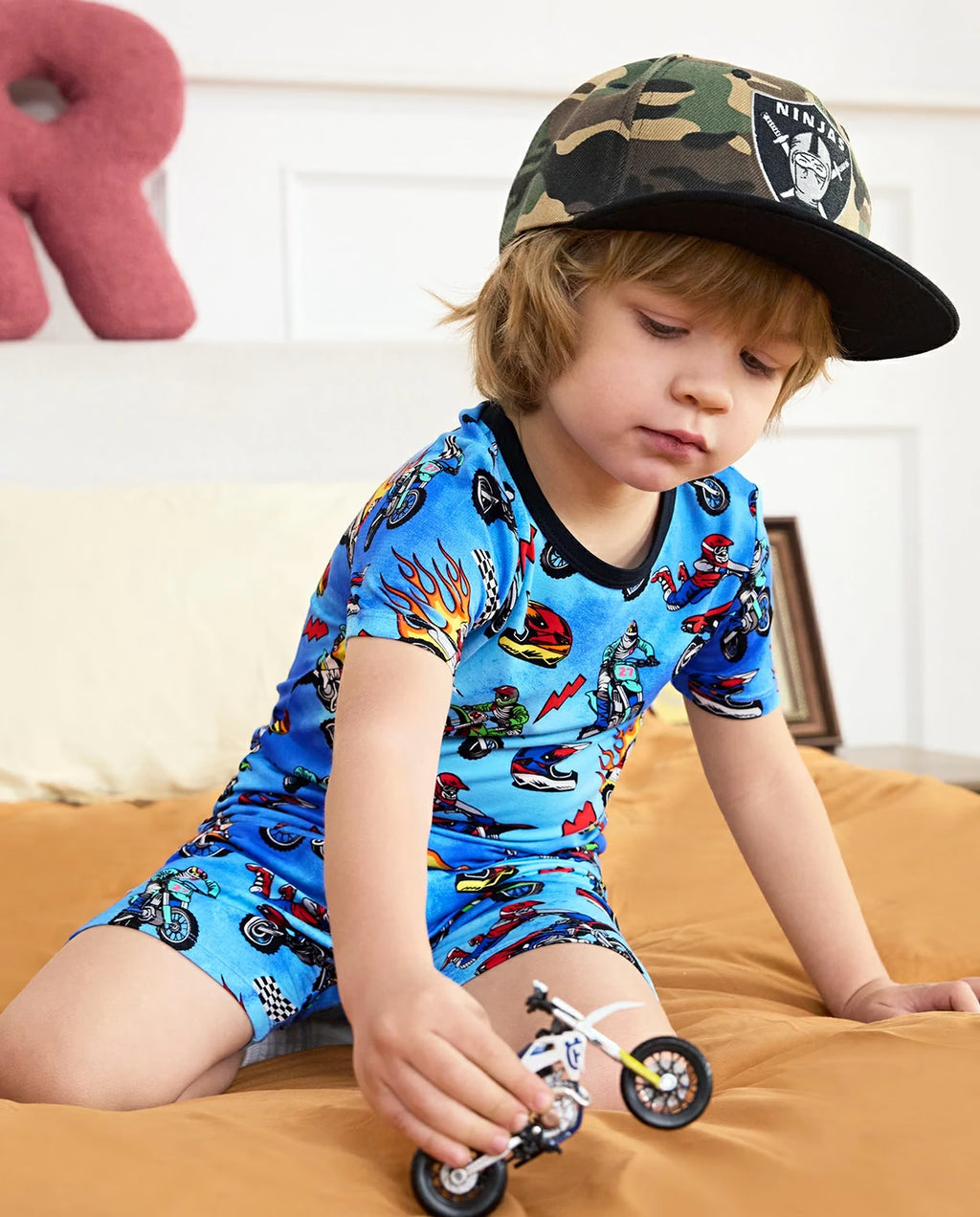 Moto Rider Short Two-Piece Pajama Set, moto rider bamboo short two piece pjs lifestyle 07