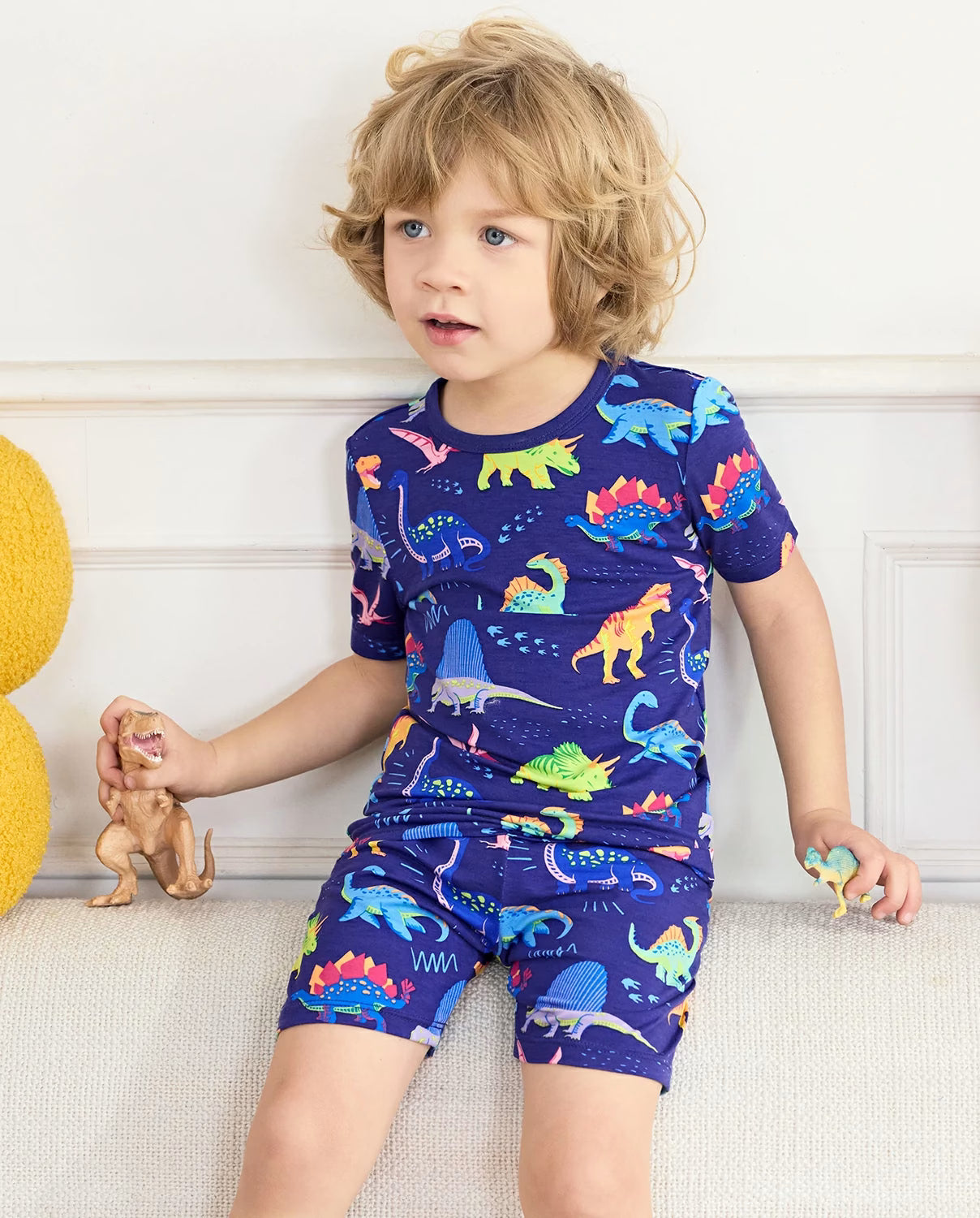 Neo Dino Short Two-Piece Pajama Set, neo dino bamboo short two piece pjs lifestyle 01