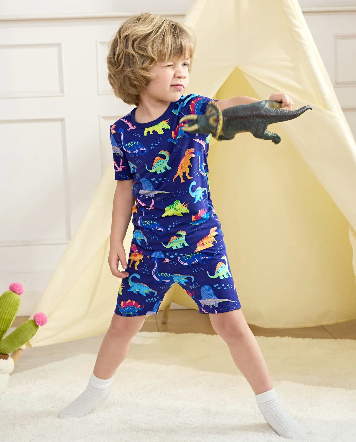 Neo Dino Short Two-Piece Pajama Set, neo dino bamboo short two piece pjs lifestyle 02