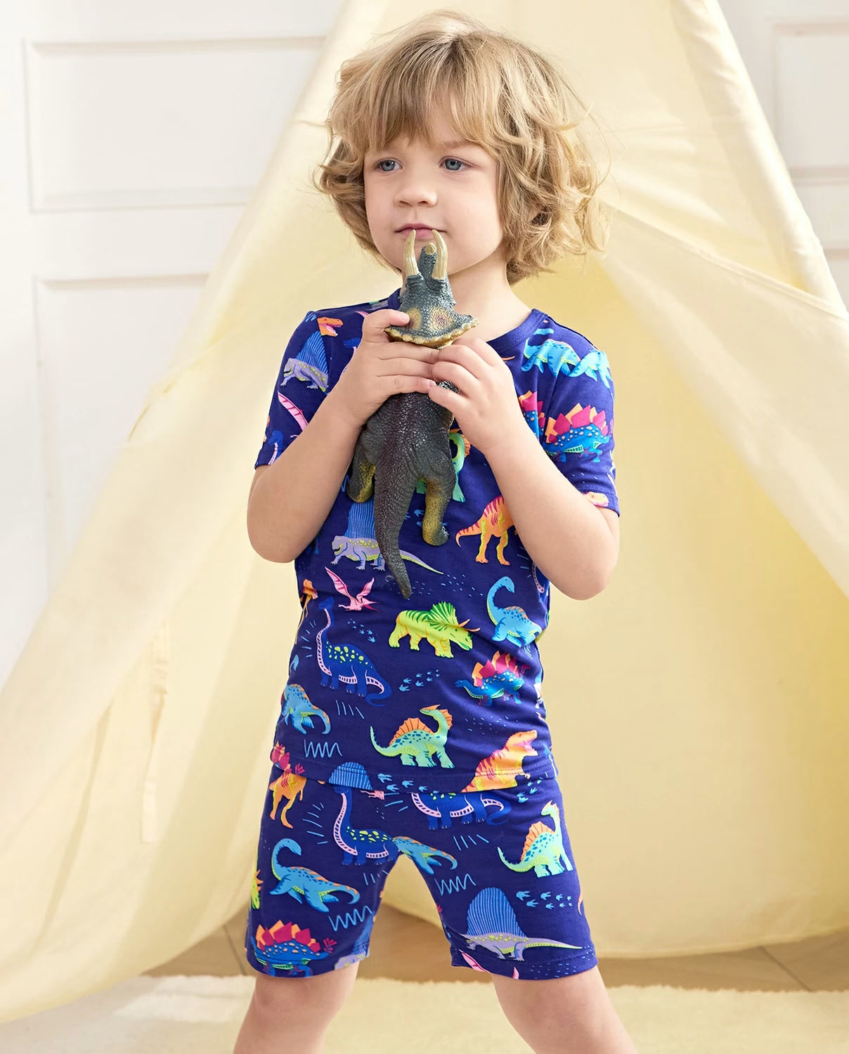 Neo Dino Short Two-Piece Pajama Set, neo dino bamboo short two piece pjs lifestyle 05