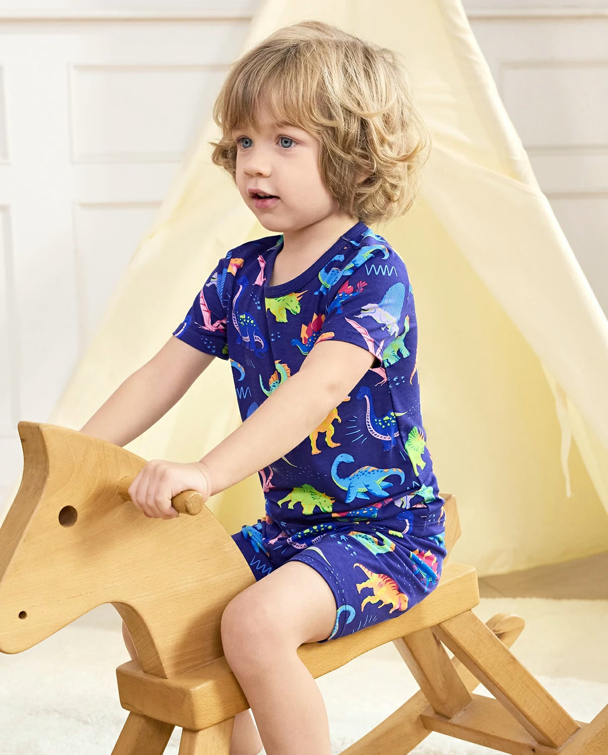 Neo Dino Short Two-Piece Pajama Set, neo dino bamboo short two piece pjs lifestyle 09