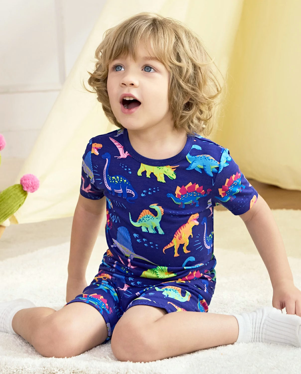 Neo Dino Short Two-Piece Pajama Set, neo dino bamboo short two piece pjs lifestyle 11