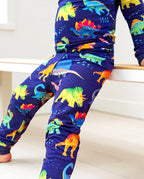 Close view of the dinosaur pattern on Neo Dino pajama pants