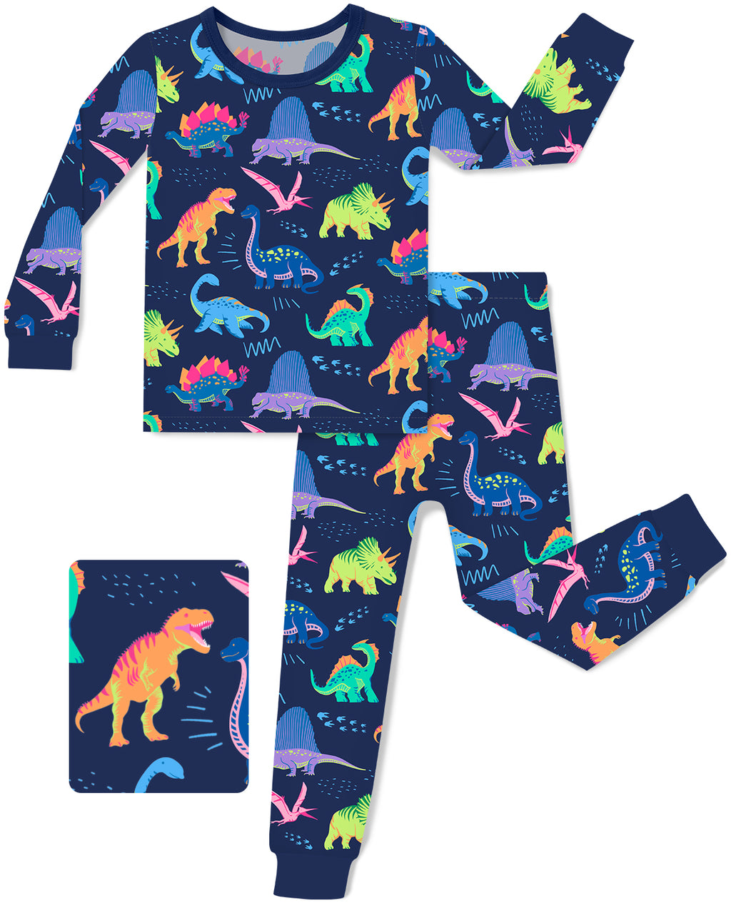 Neo Dino long-sleeve pajama top and pants shown flat on a white background