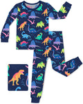 Neo Dino long-sleeve pajama top and pants shown flat on a white background