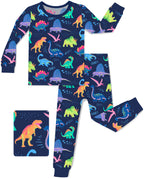 Neo Dino long-sleeve pajama top and pants shown flat on a white background