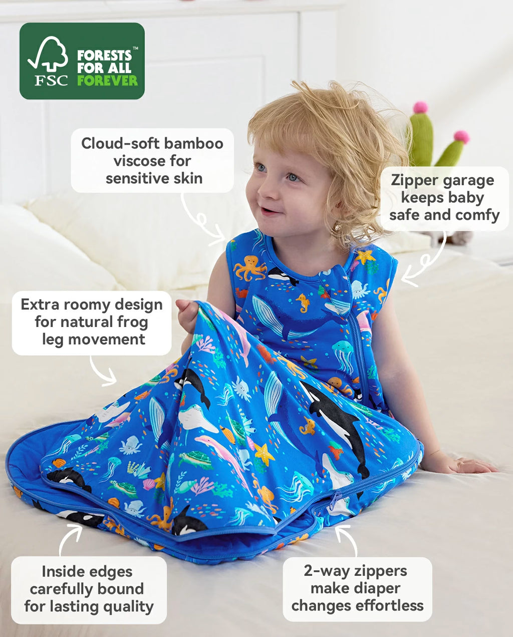 Ocean Friends Bamboo Baby Sleep Sack, ocean friends bamboo baby sleep sack features 01