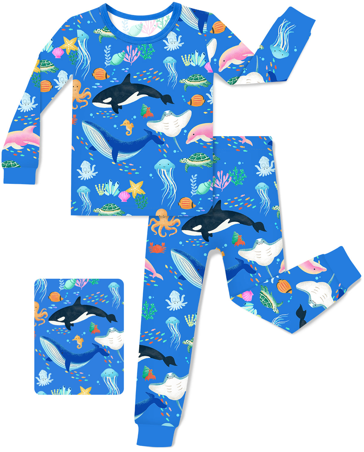 Ocean Friends long-sleeve pajama top and pants shown flat on a white background