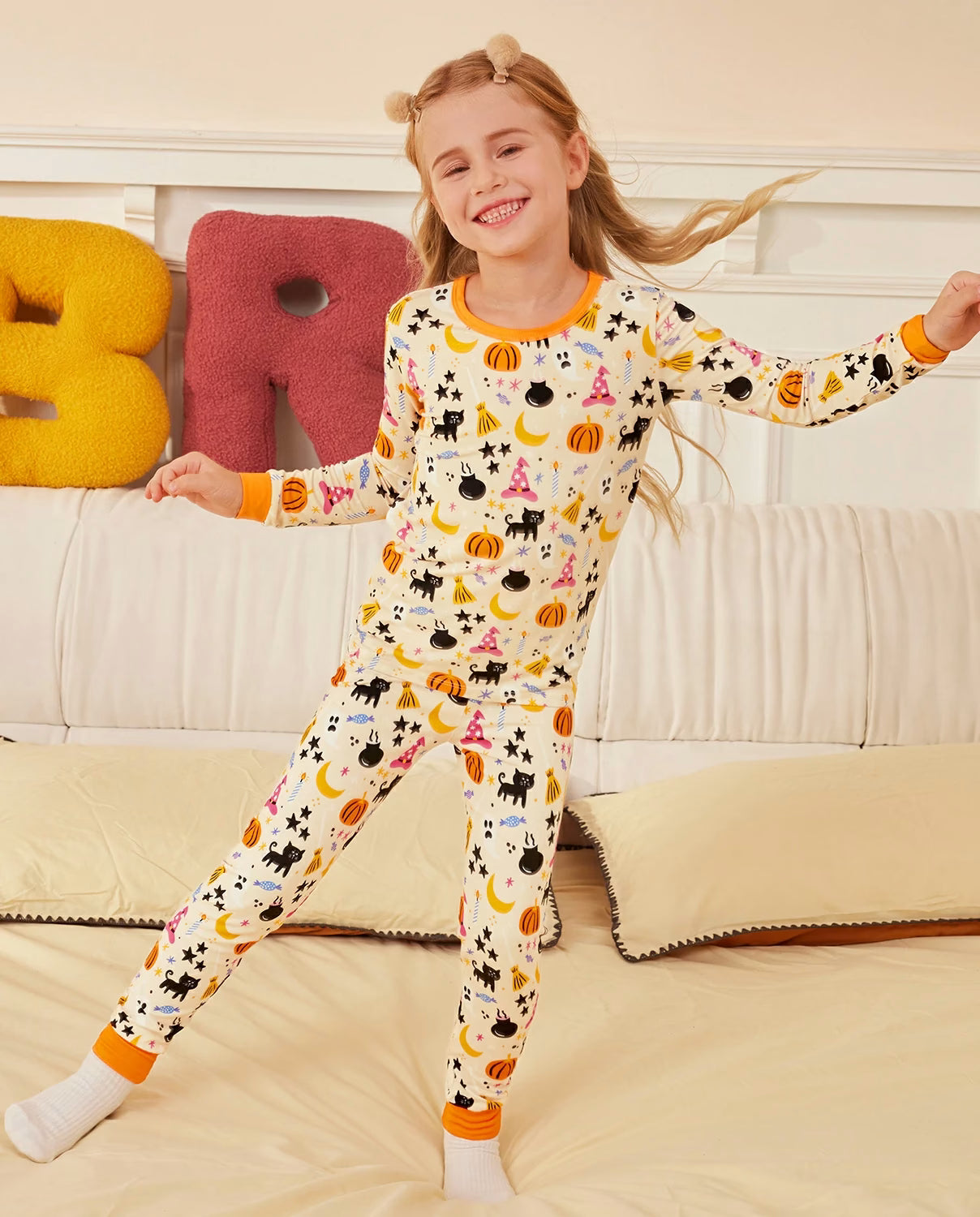 Orange Halloween Long Two-Piece Pajama Set, orange halloween bamboo two piece pjs lifestyle 1