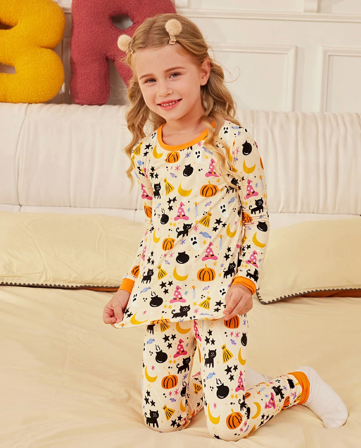 Orange Halloween Long Two-Piece Pajama Set, orange halloween bamboo two piece pjs lifestyle 3