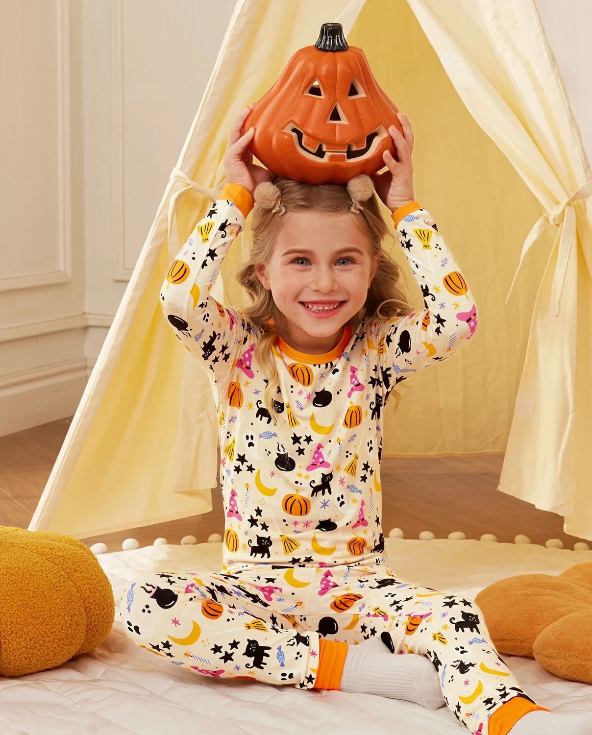 Orange Halloween Long Two-Piece Pajama Set, orange halloween bamboo two piece pjs lifestyle 5