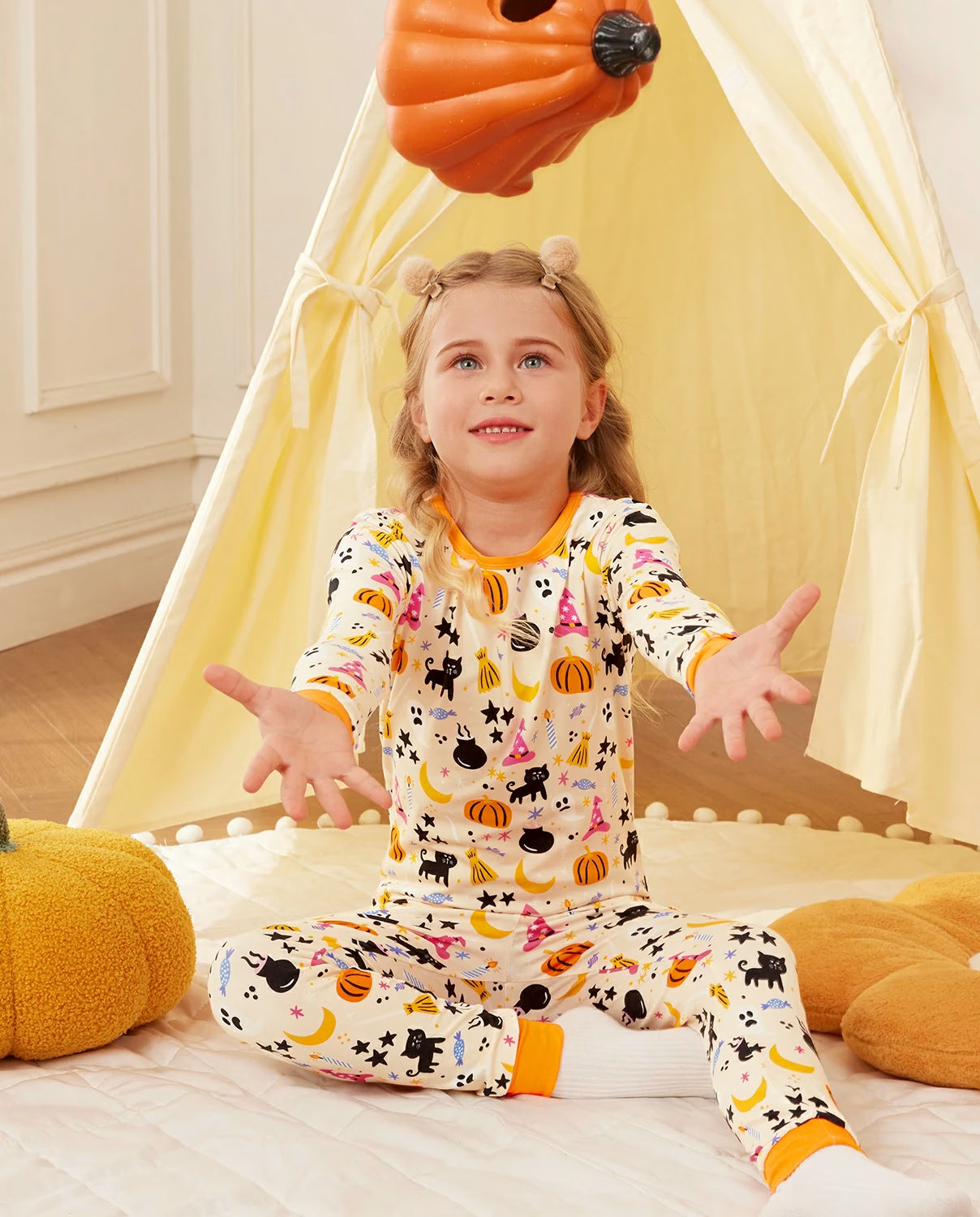 Orange Halloween Long Two-Piece Pajama Set, orange halloween bamboo two piece pjs lifestyle 6