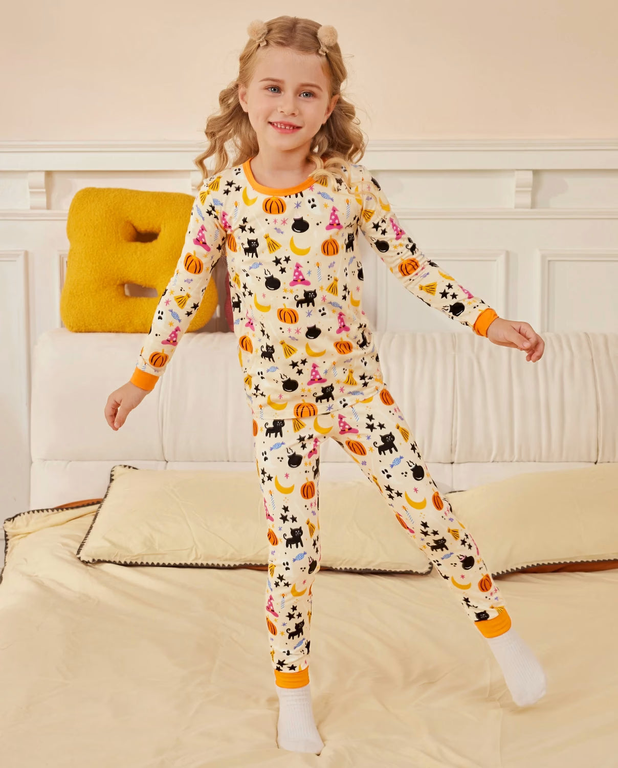 Orange Halloween Long Two-Piece Pajama Set, orange halloween bamboo two piece pjs lifestyle 7