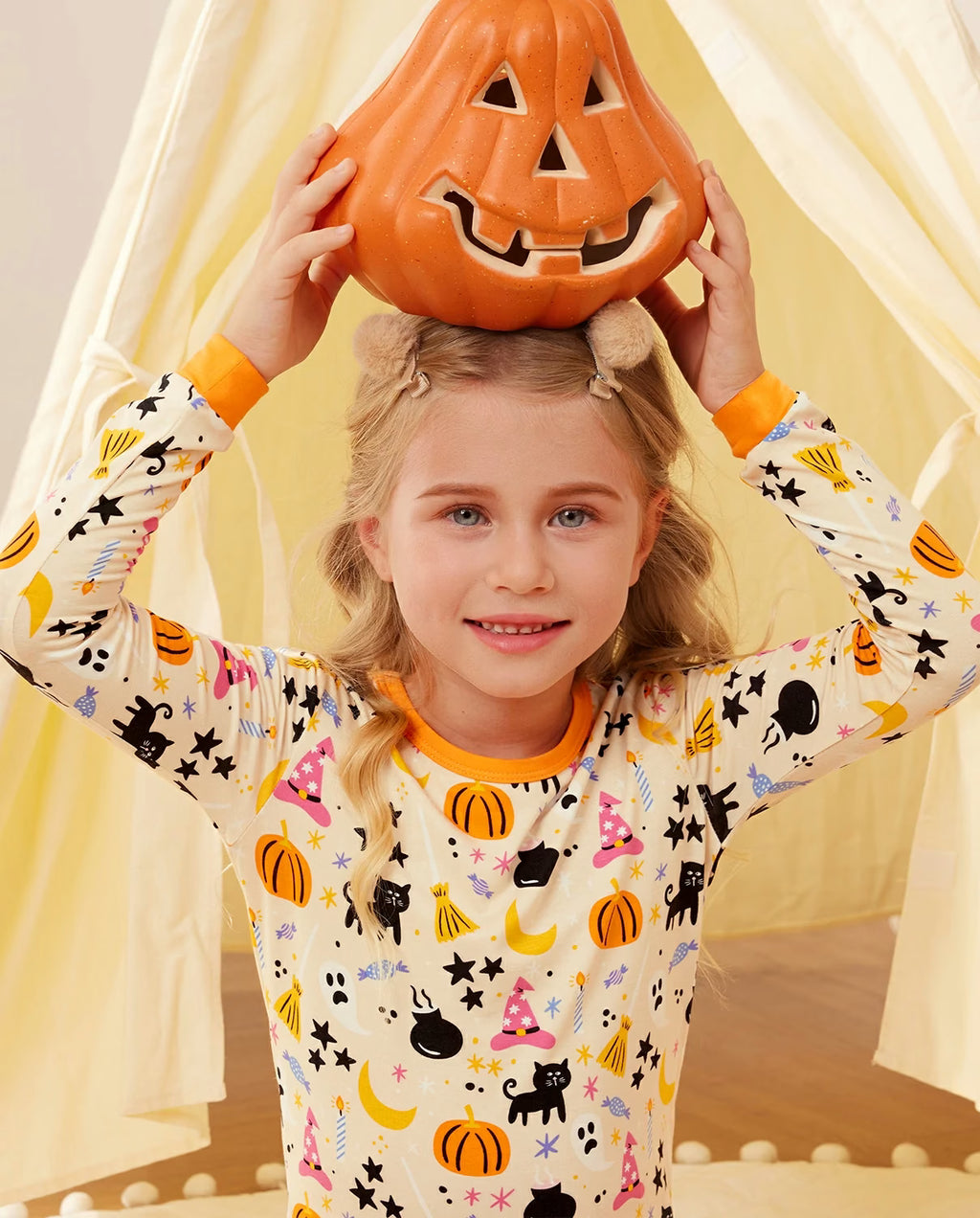 Orange Halloween Long Two-Piece Pajama Set, orange halloween bamboo two piece pjs lifestyle 8