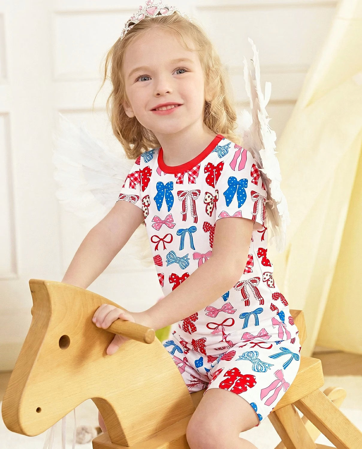Patriotic Bows Short Two-Piece Pajama Set, patriotic bows bamboo short two piece pjs lifestyle 01