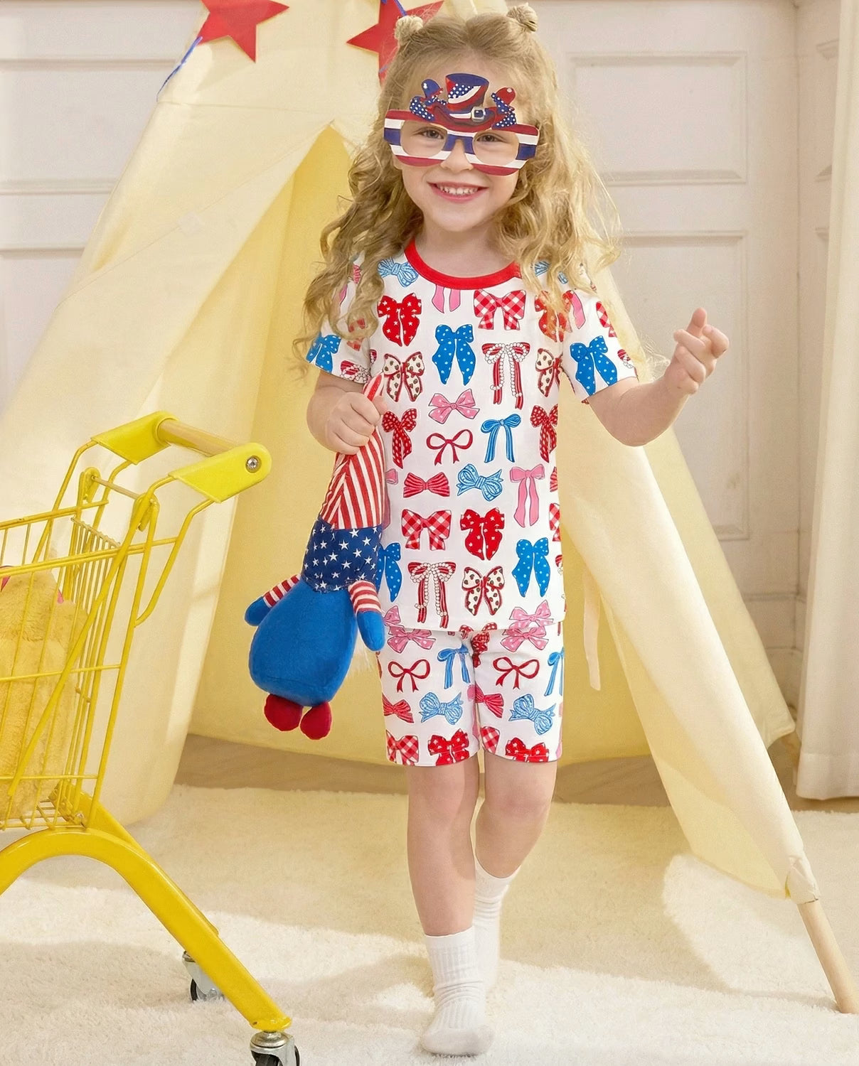 Patriotic Bows Short Two-Piece Pajama Set, patriotic bows bamboo short two piece pjs lifestyle 02