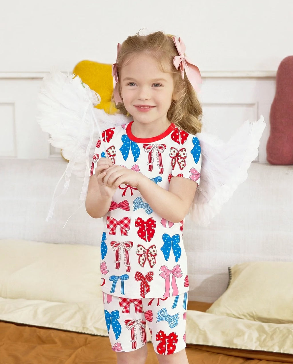 Patriotic Bows Short Two-Piece Pajama Set, patriotic bows bamboo short two piece pjs lifestyle 03