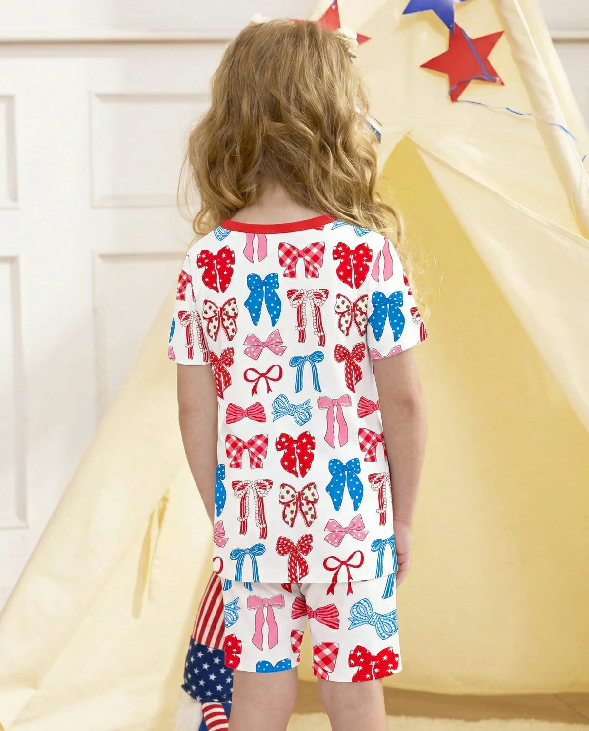 Patriotic Bows Short Two-Piece Pajama Set, patriotic bows bamboo short two piece pjs lifestyle 04
