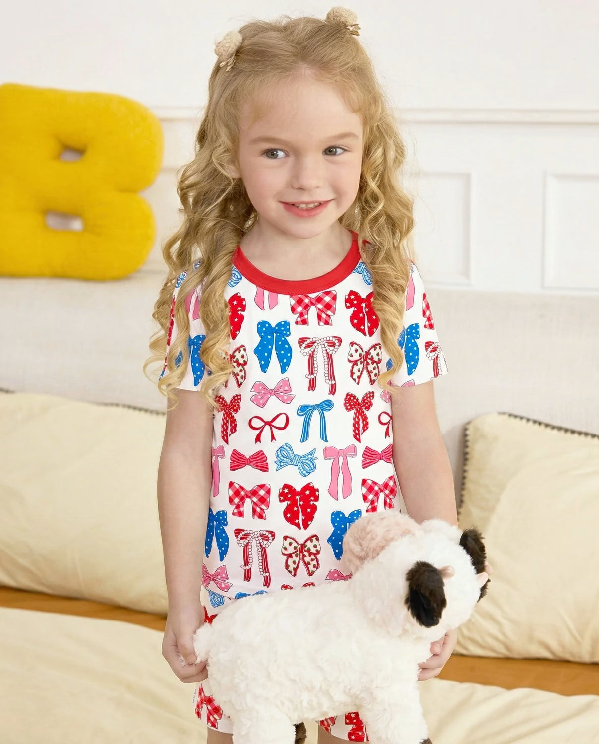 Patriotic Bows Short Two-Piece Pajama Set, patriotic bows bamboo short two piece pjs lifestyle 05