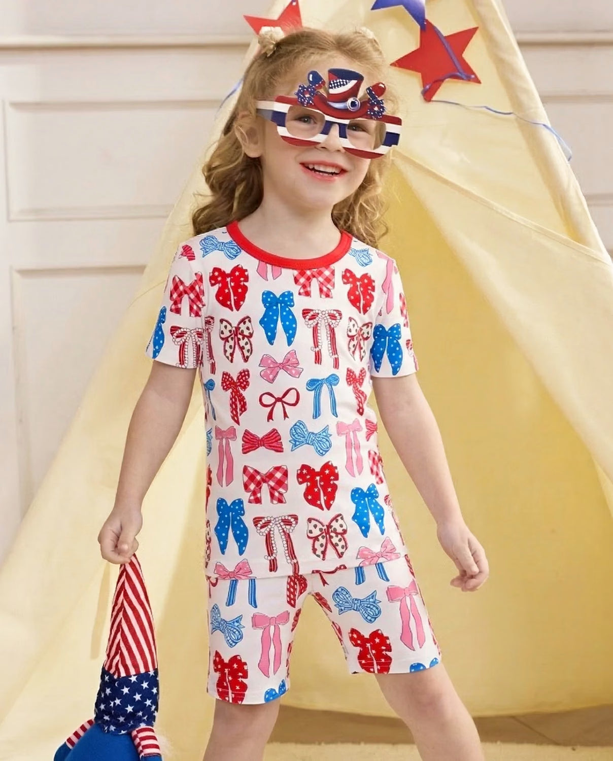 Patriotic Bows Short Two-Piece Pajama Set, patriotic bows bamboo short two piece pjs lifestyle 06