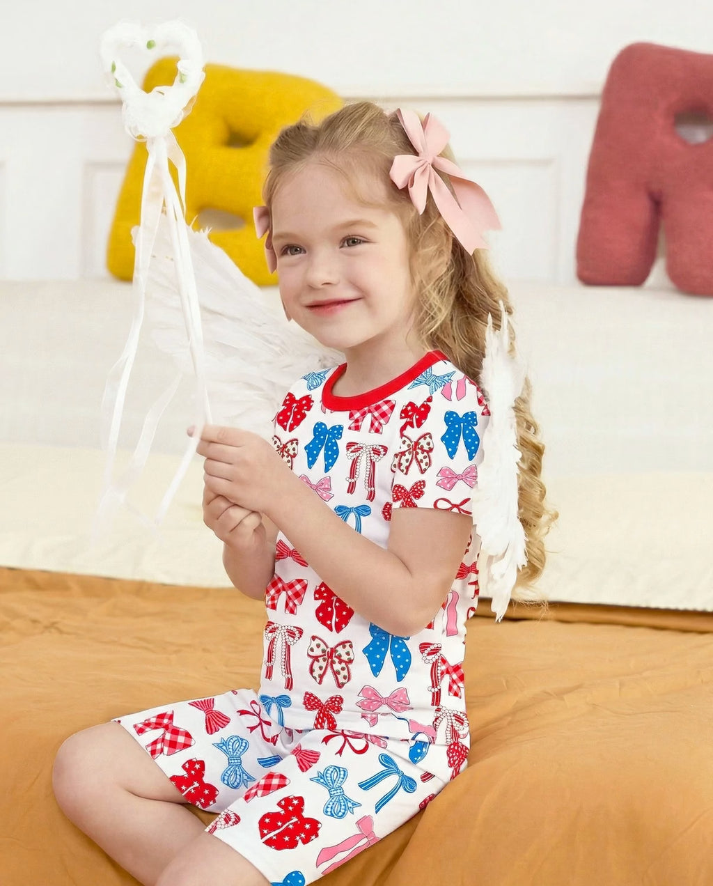 Patriotic Bows Short Two-Piece Pajama Set, patriotic bows bamboo short two piece pjs lifestyle 07