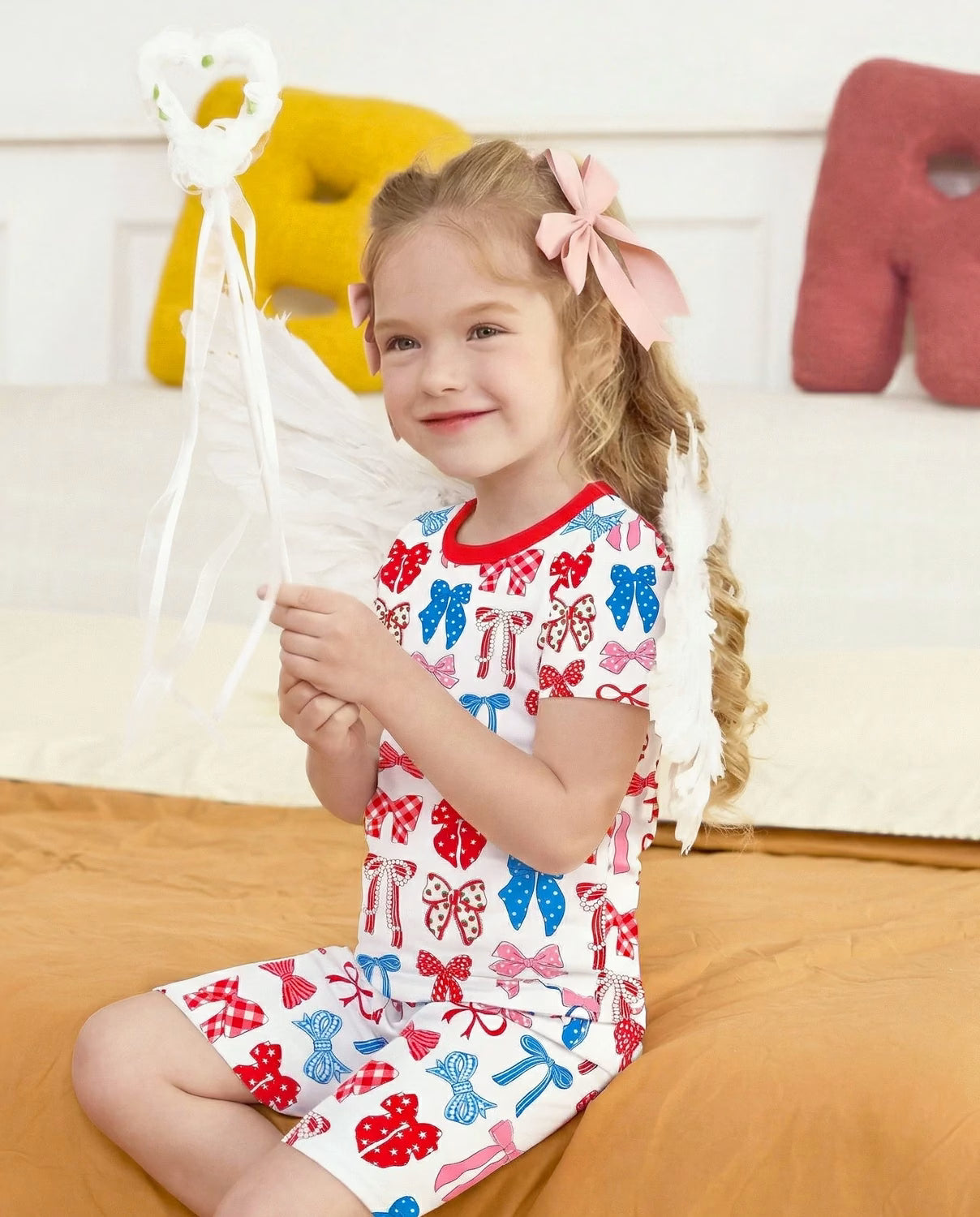 Patriotic Bows Short Two-Piece Pajama Set, patriotic bows bamboo short two piece pjs lifestyle 07