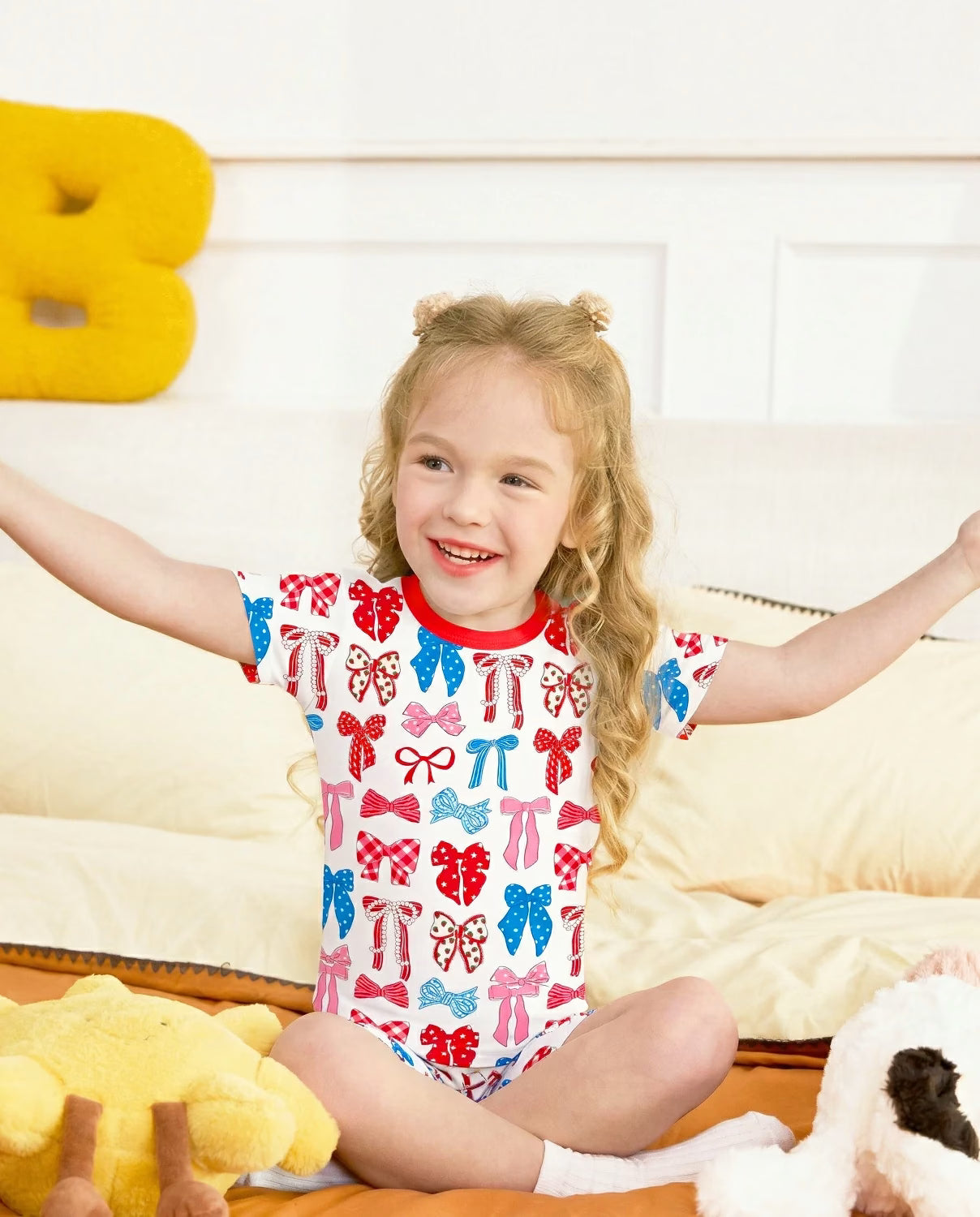 Patriotic Bows Short Two-Piece Pajama Set, patriotic bows bamboo short two piece pjs lifestyle 08