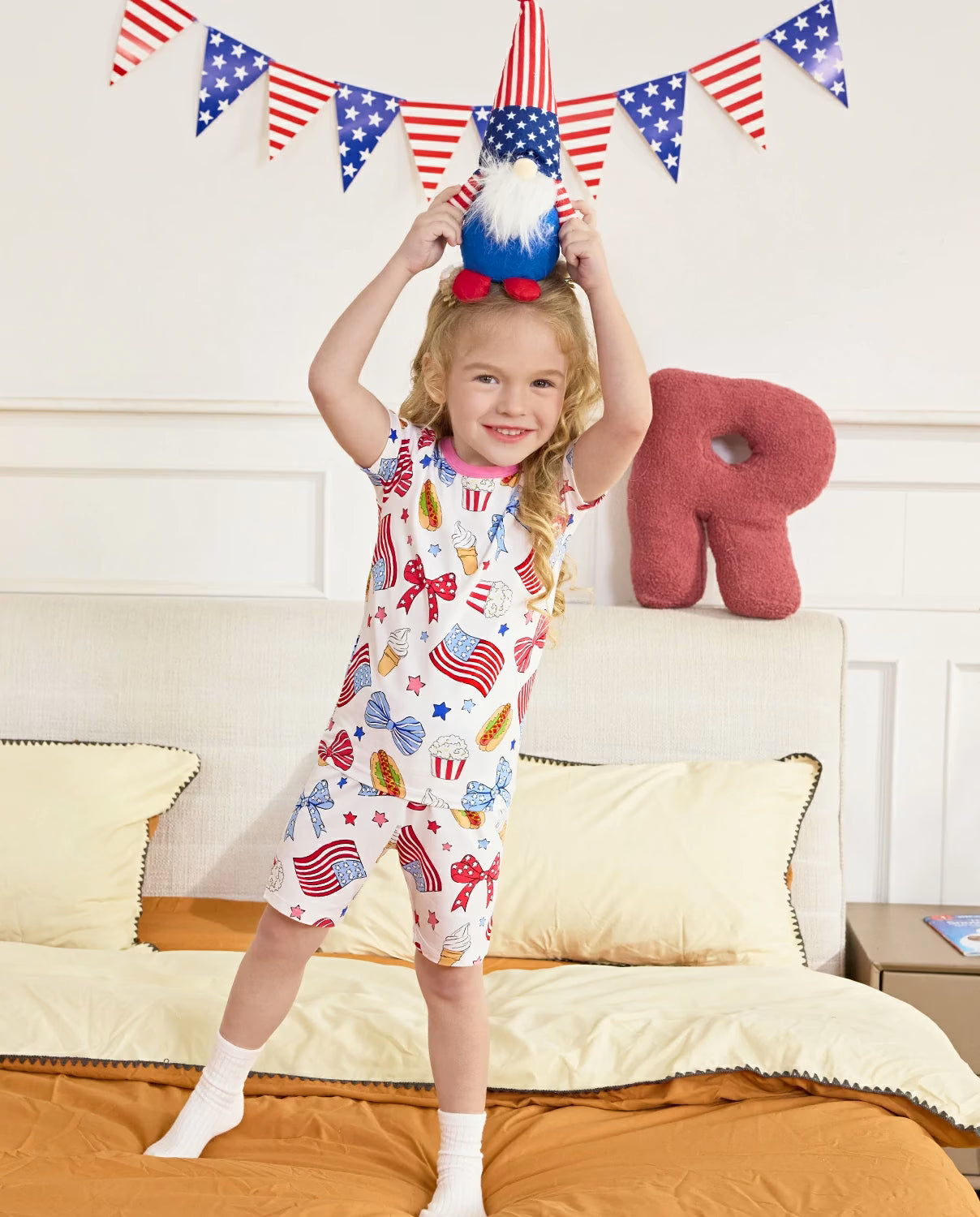 Patriotic Picnic Short Two-Piece Pajama Set, patriotic picnic bamboo short two piece pjs lifestyle 05 1