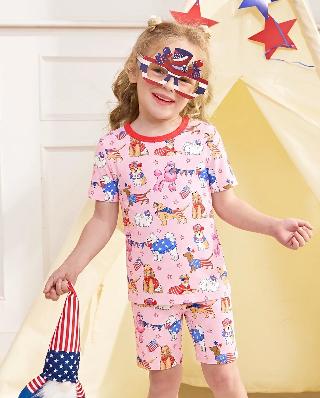Patriotic Puppies Short Two-Piece Pajama Set, patriotic puppies bamboo short two piece pjs lifestyle 01