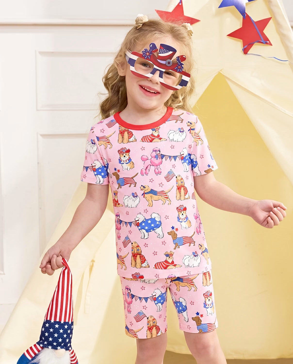 Patriotic Puppies Short Two-Piece Pajama Set, patriotic puppies bamboo short two piece pjs lifestyle 01