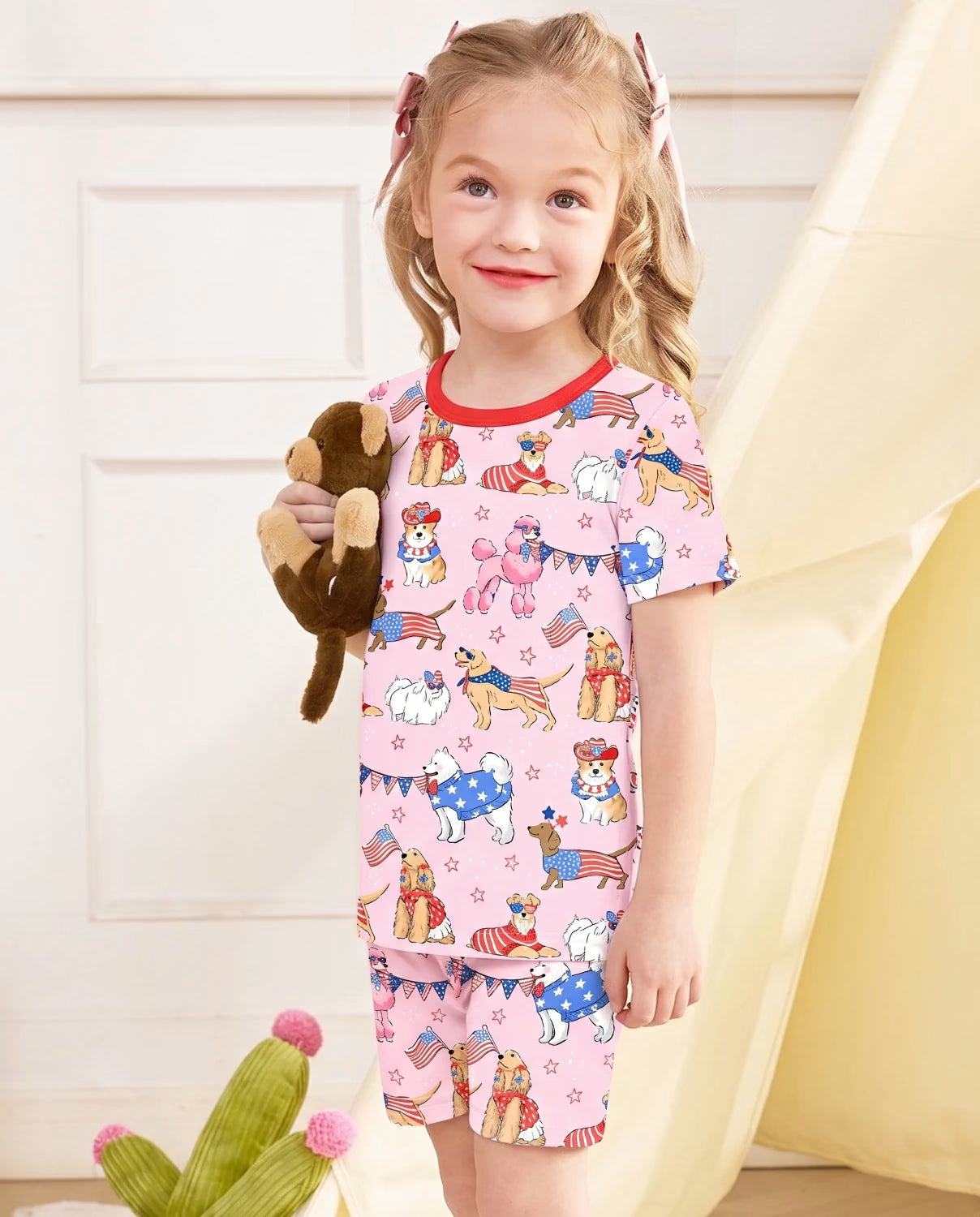 Patriotic Puppies Short Two-Piece Pajama Set, patriotic puppies bamboo short two piece pjs lifestyle 05