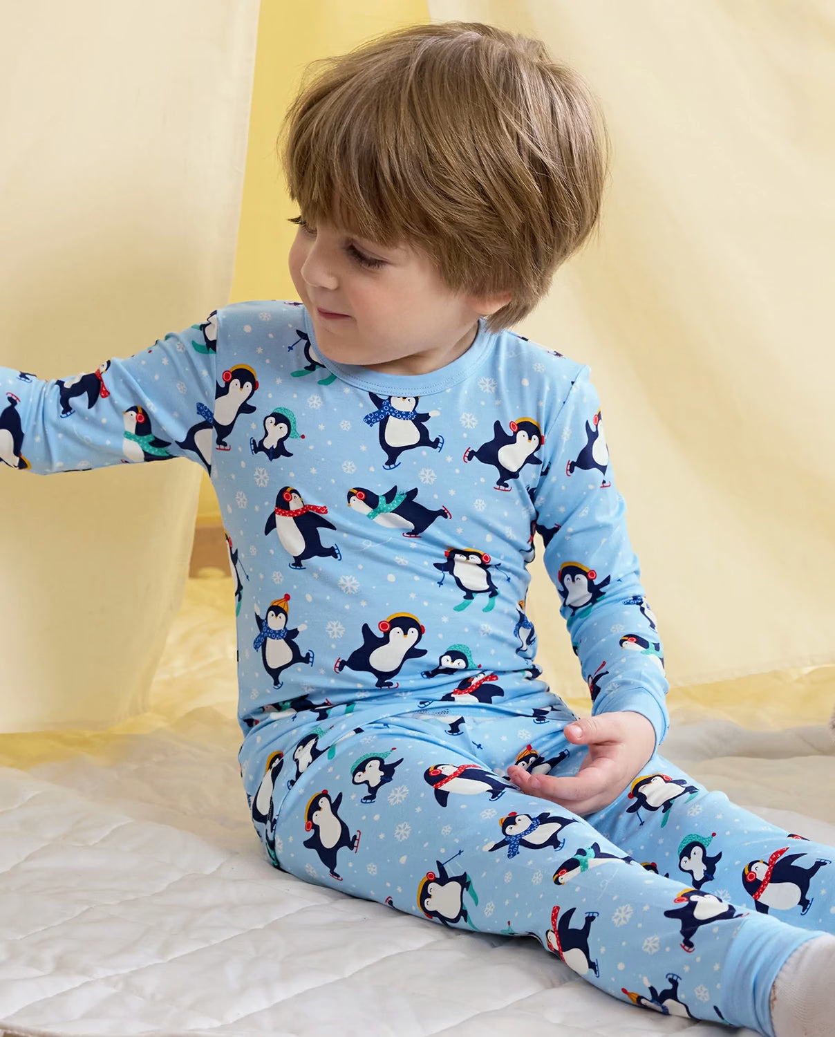 Penguin Snows Long Two-Piece Pajama Set, penguin snows bamboo two piece pjs lifestyle 1