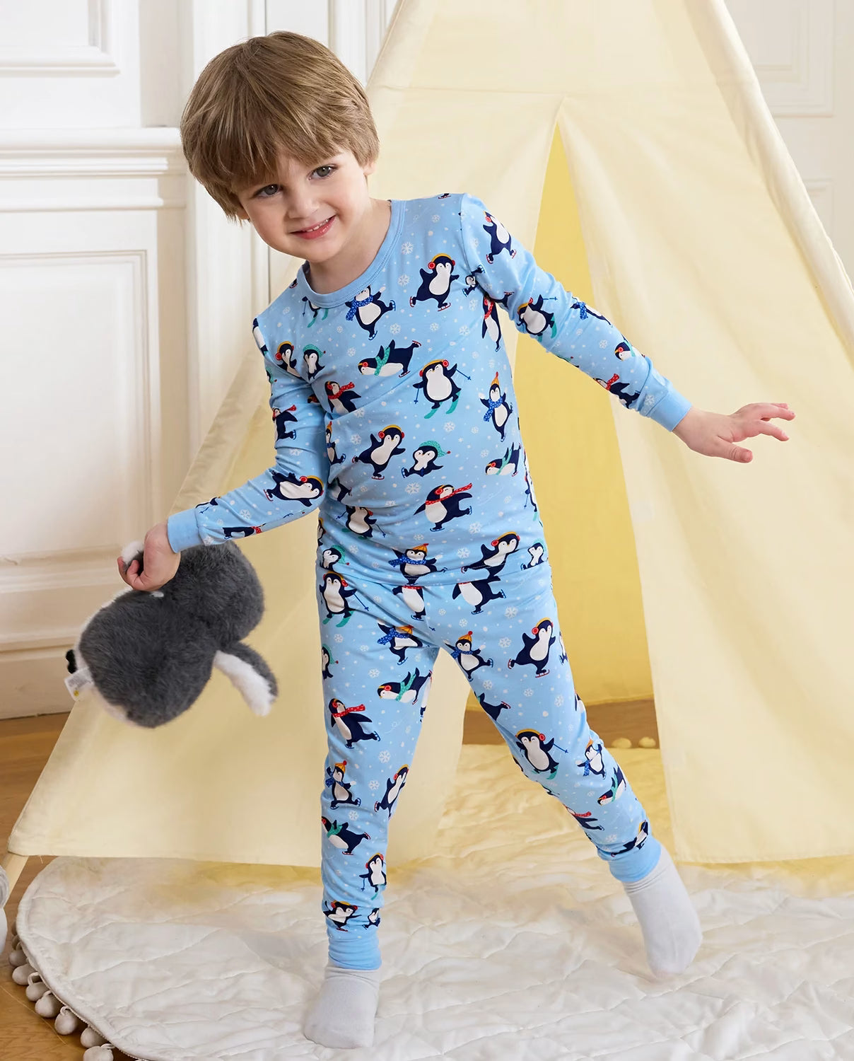 Penguin Snows Long Two-Piece Pajama Set, penguin snows bamboo two piece pjs lifestyle 2