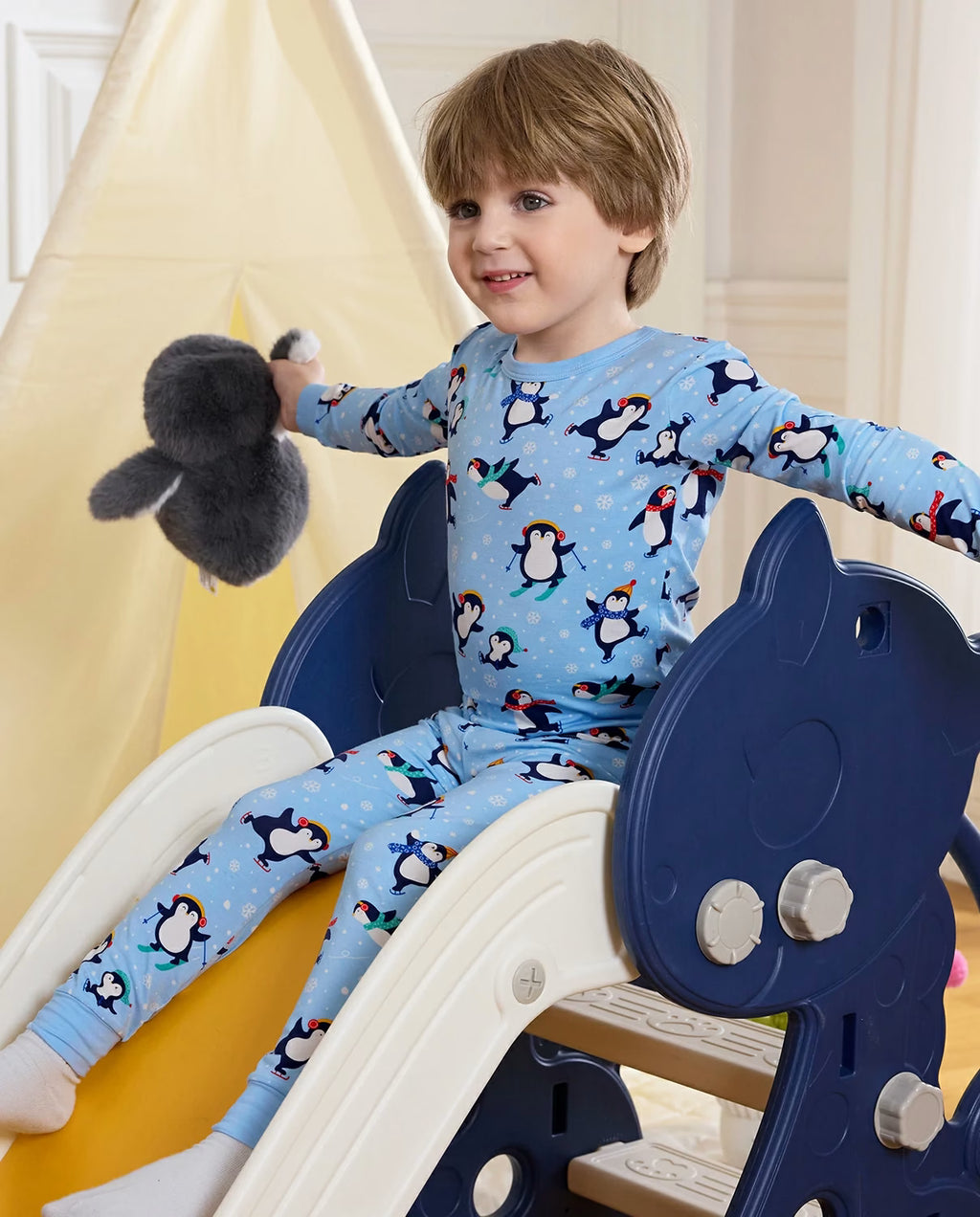 Penguin Snows Long Two-Piece Pajama Set, penguin snows bamboo two piece pjs lifestyle 7