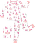 Pink Ballet bamboo long two-piece pajama set with ballet dress, slippers, roses, and music note print