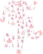Pink Ballet bamboo long two-piece pajama set with ballet dress, slippers, roses, and music note print