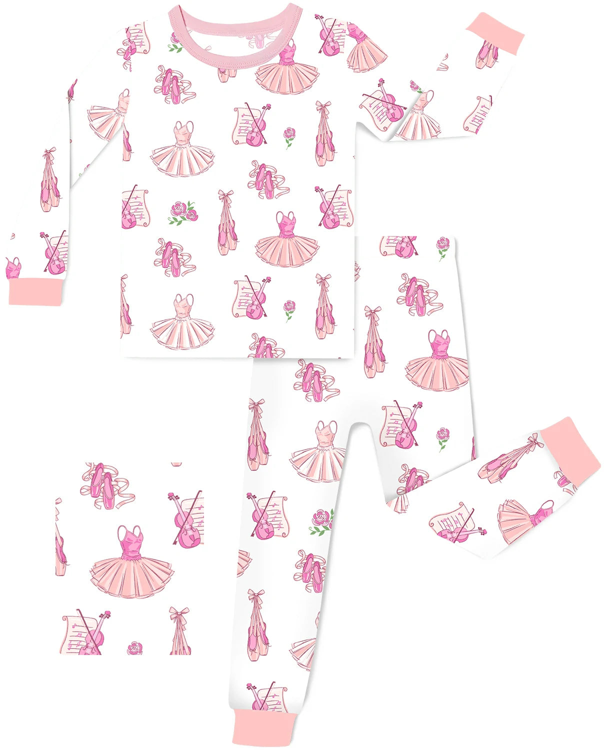 Pink Ballet bamboo long two-piece pajama set with ballet dress, slippers, roses, and music note print