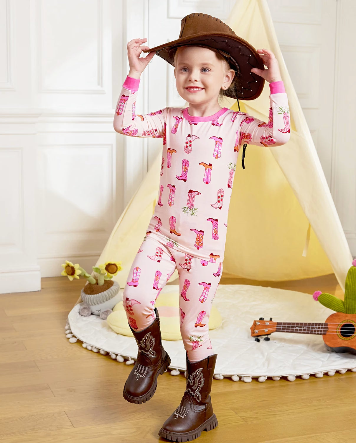 Pink Cowgirl Long Two-Piece Pajama Set, pink cowgirl bamboo two piece pjs lifestyle 1