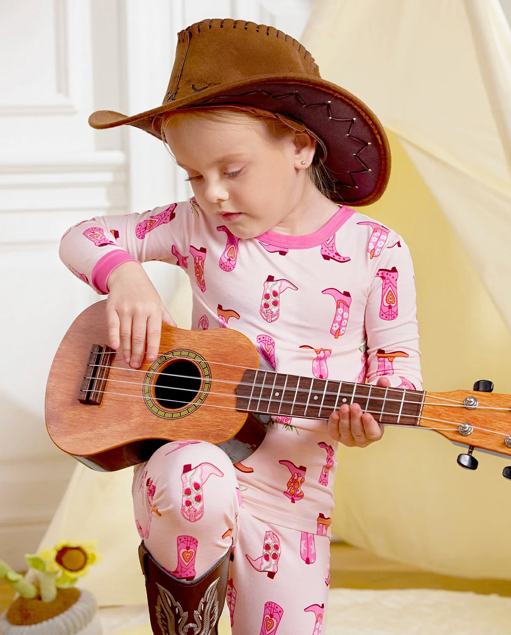 Pink Cowgirl Long Two-Piece Pajama Set, pink cowgirl bamboo two piece pjs lifestyle 10