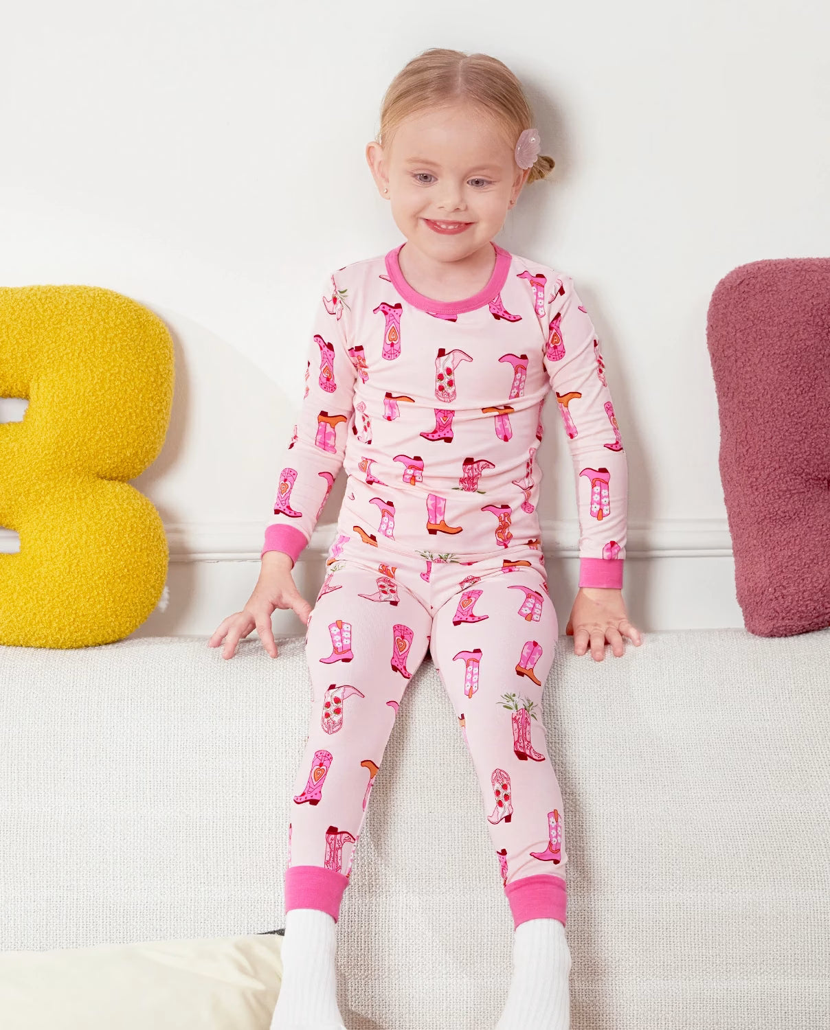 Pink Cowgirl Long Two-Piece Pajama Set, pink cowgirl bamboo two piece pjs lifestyle 4