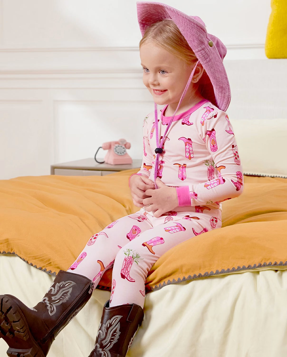 Pink Cowgirl Long Two-Piece Pajama Set, pink cowgirl bamboo two piece pjs lifestyle 5