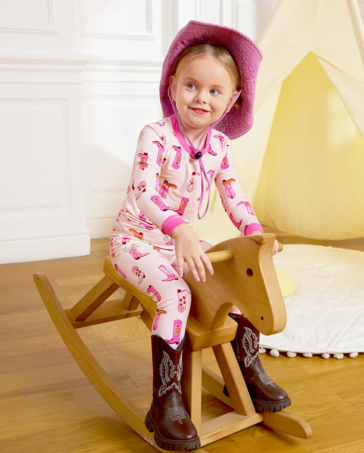 Pink Cowgirl Long Two-Piece Pajama Set, pink cowgirl bamboo two piece pjs lifestyle 8