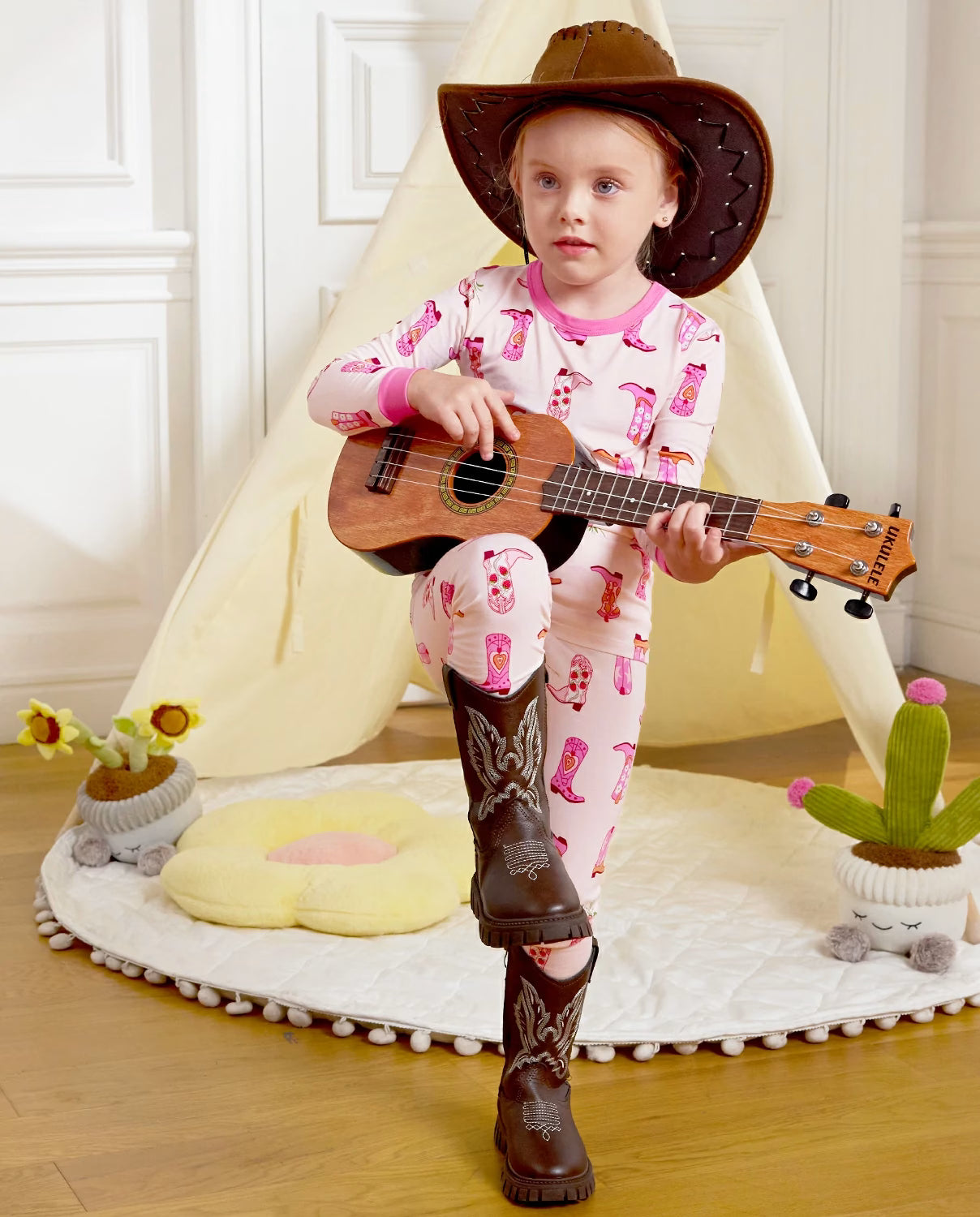 Pink Cowgirl Long Two-Piece Pajama Set, pink cowgirl bamboo two piece pjs lifestyle 9