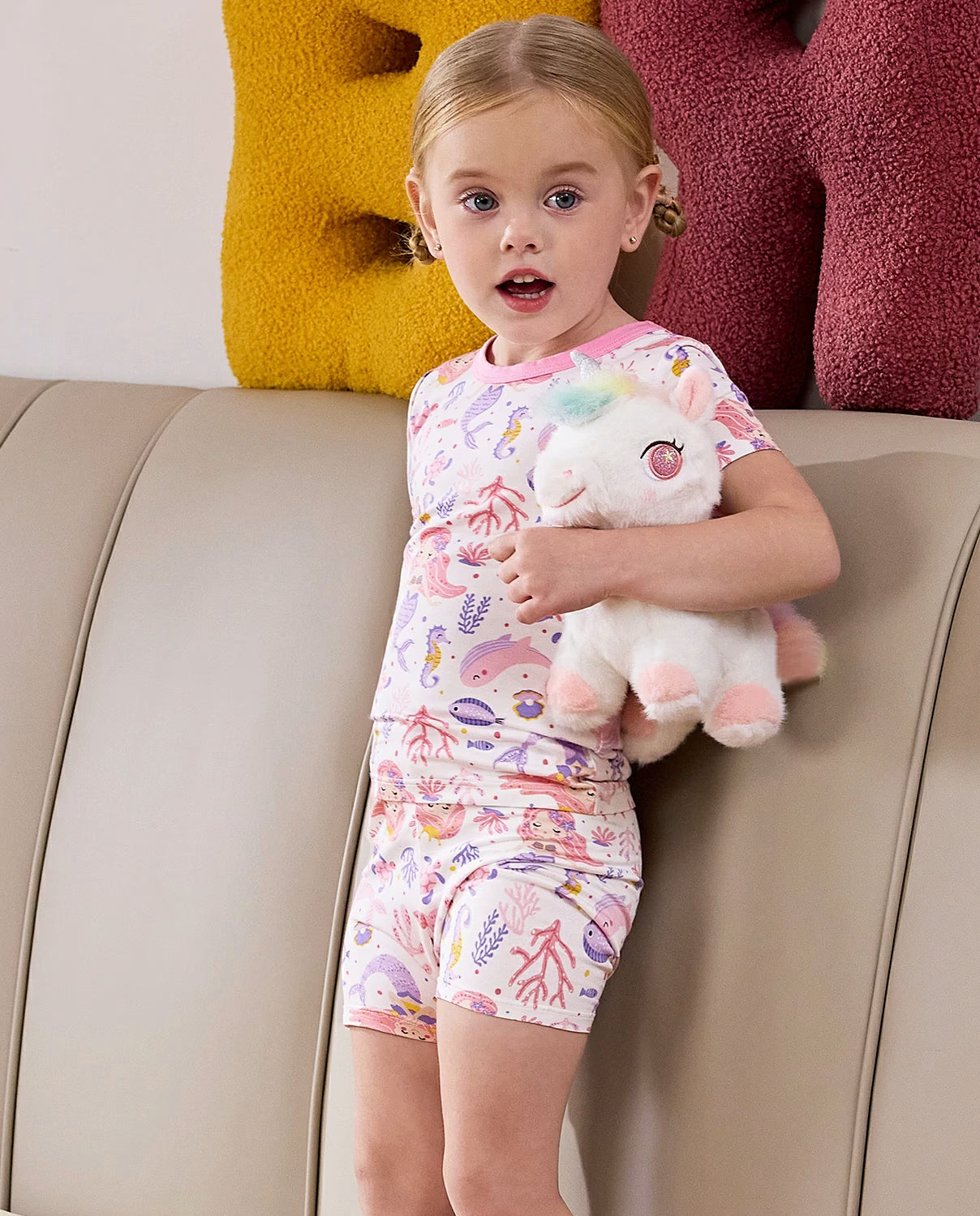 Pink Mermaid Short Two-Piece Pajama Set, pink mermaid bamboo short two piece pjs lifestyle 01
