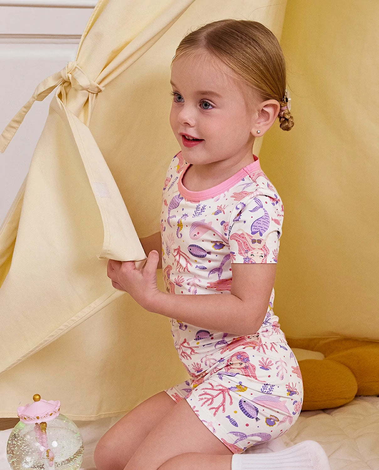 Pink Mermaid Short Two-Piece Pajama Set, pink mermaid bamboo short two piece pjs lifestyle 02