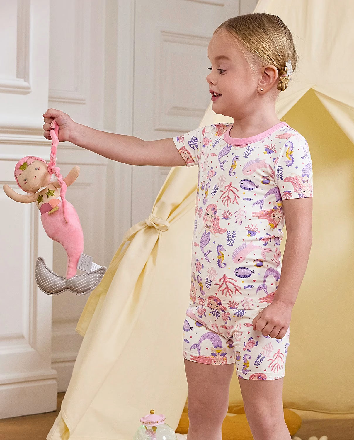 Pink Mermaid Short Two-Piece Pajama Set, pink mermaid bamboo short two piece pjs lifestyle 03