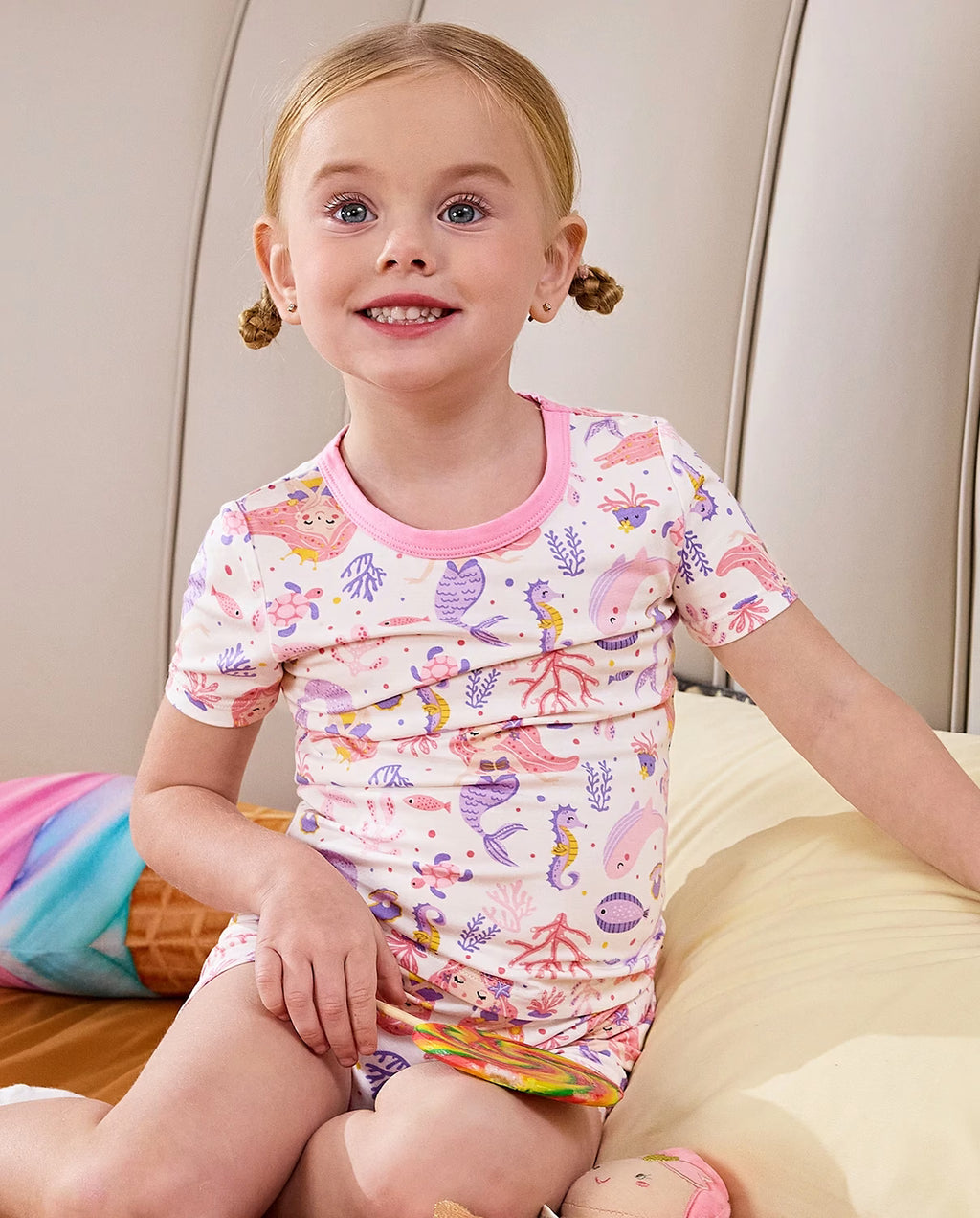 Pink Mermaid Short Two-Piece Pajama Set, pink mermaid bamboo short two piece pjs lifestyle 06