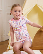 Pink Mermaid Short Two-Piece Pajama Set, pink mermaid bamboo short two piece pjs lifestyle 08
