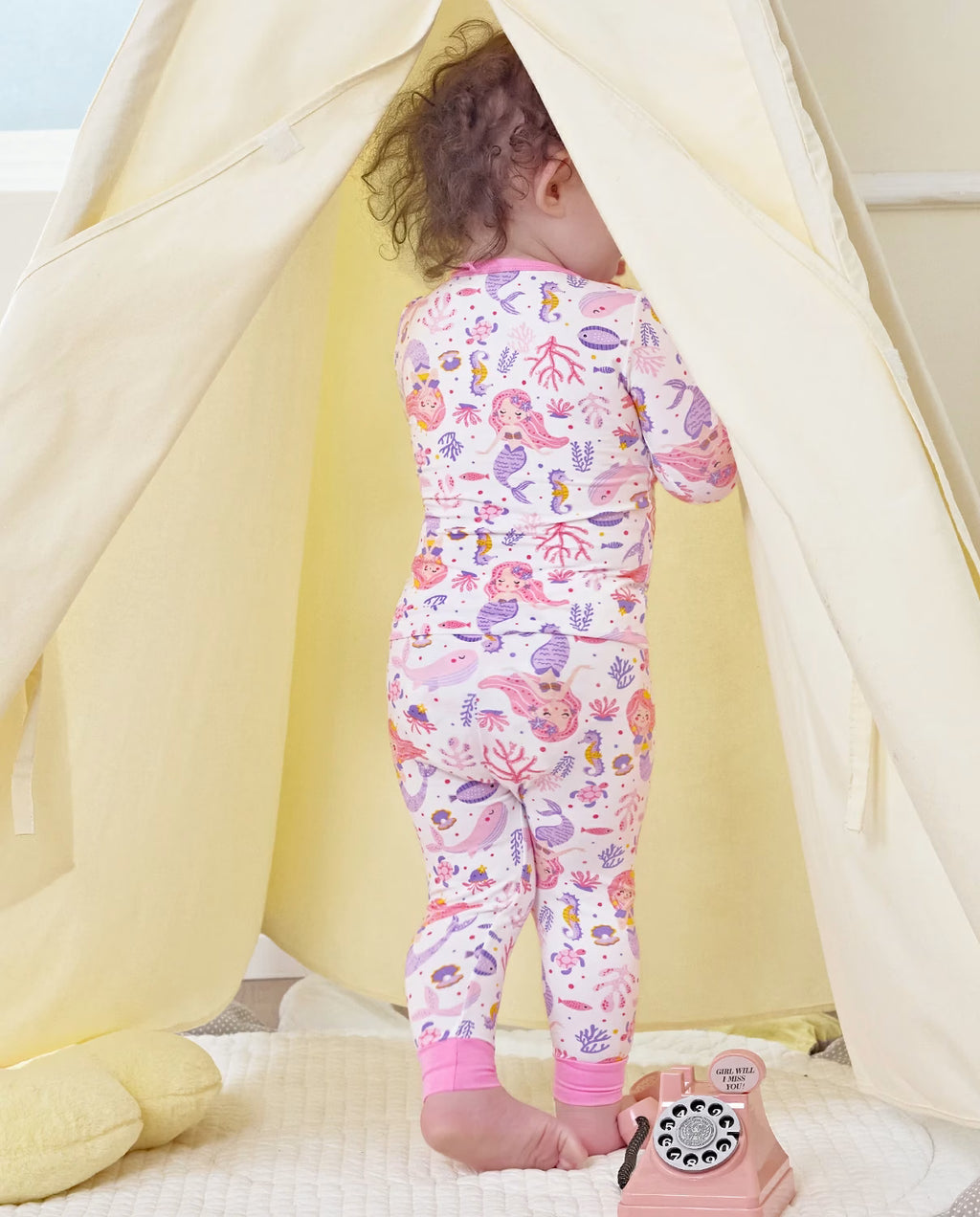 Pink Mermaid Long Two-Piece Pajama Set, pink mermaid bamboo two piece pjs lifestyle 10